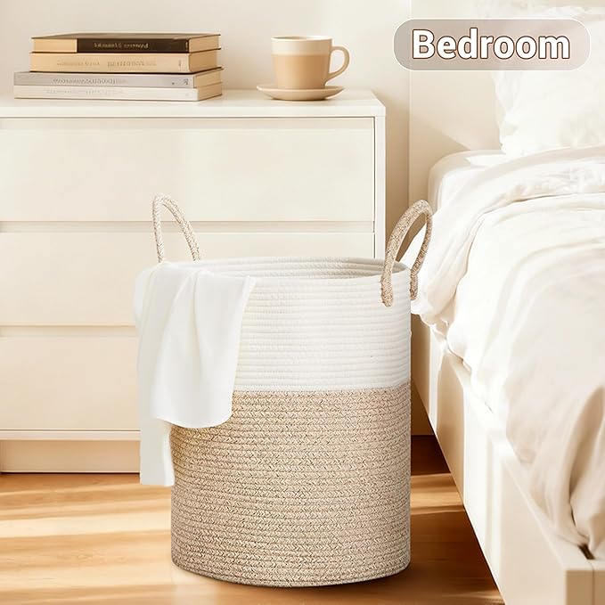 SunNewt Tall Laundry Basket with Handles, 53L Portable Dirty Clothes Hamper, Boho Cotton Rope Storage Bin for Blankets Kids Toys Gifts, Decorative Organizer for Baby Nursery Bedroom Bathroom, Brown