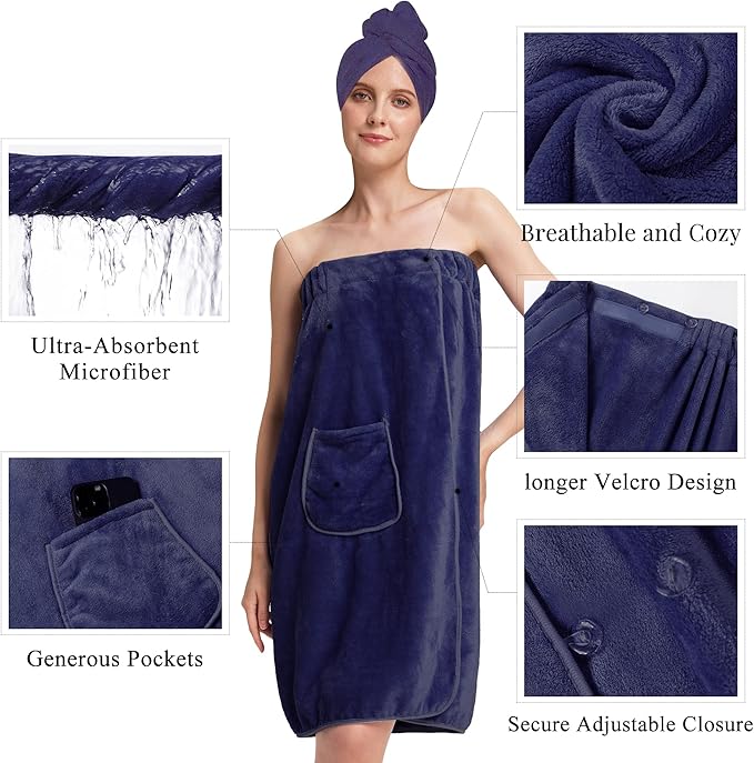 PJGGZ Towel Wrap for Women, Three Adjust Clasps Closure Bath Wraps After Shower Spa Sauna Bathrobe(Available in Plus Size)