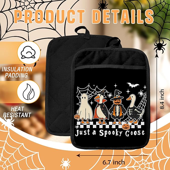 Spooky Halloween Goose Pot Holders with Pockets, Trendy Funny Ghost Pumpkin Goose Halloween Oven Pot Holders Heat Resistant Oven Mitts Hot Pads for Kitchen Baking Cooking