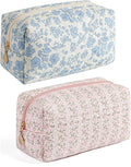 Gleyemor 2 Pieces Quilted Makeup Bag, Cute Floral Cosmetic Bag for Women, Cotton Make Up Bag Set, Flower Travel Toiletry Bag Tote Bag Organizer (Pink Floral+ Blue Floral)