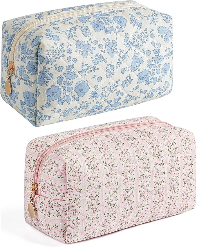 Gleyemor 2 Pieces Quilted Makeup Bag, Cute Floral Cosmetic Bag for Women, Cotton Make Up Bag Set, Flower Travel Toiletry Bag Tote Bag Organizer (Pink Floral+ Blue Floral)