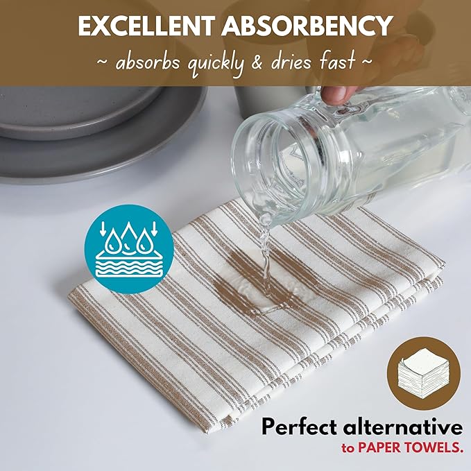 Native Fab 4 Pack Farmhouse Modern Stripe Kitchen Dish Towels Cotton Super Absorbent Quick Drying Reusable 18x26 Inches - Bar Hand Towels, Kitchen Cleaning Towels with Hanging Loop, Zaha Brown