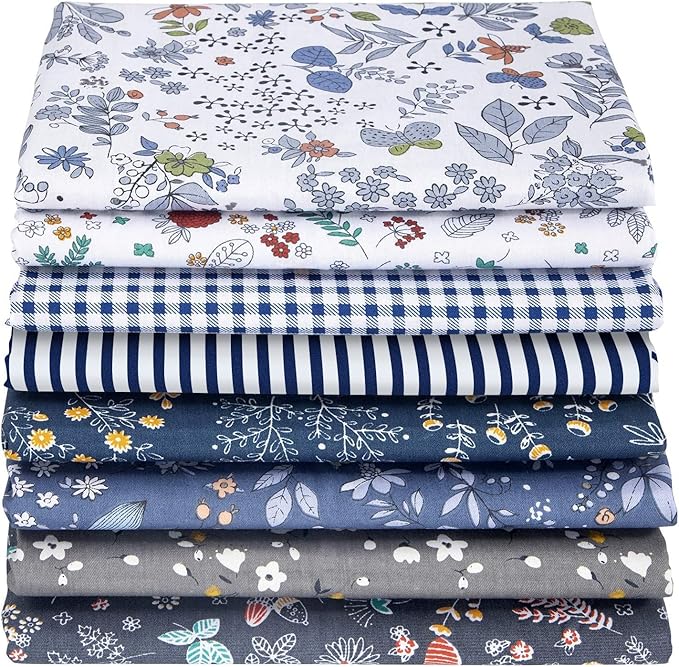 Aubliss 8pcs Fat Quarter Fabric Bundles 20'' x 20'' Cotton Craft Fabric Pre-Cut Squares Sheets for Patchwork Sewing Quilting Crafting(Checked/Striped/Floral)