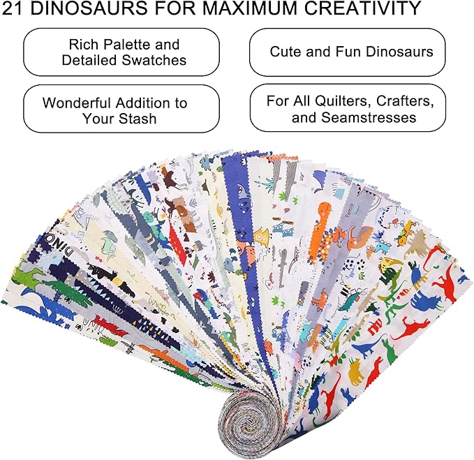 Hanjunzhao Dinosaur Fabric Jelly Rolls for Quilting, 42 Strip 2.5" x 44" Dinosaur Jelly Roll Fabric, Soft Cotton Material Strips for Baby Boy Kids Blanket, Rug, Upholstery, Home Décor, and Crafts