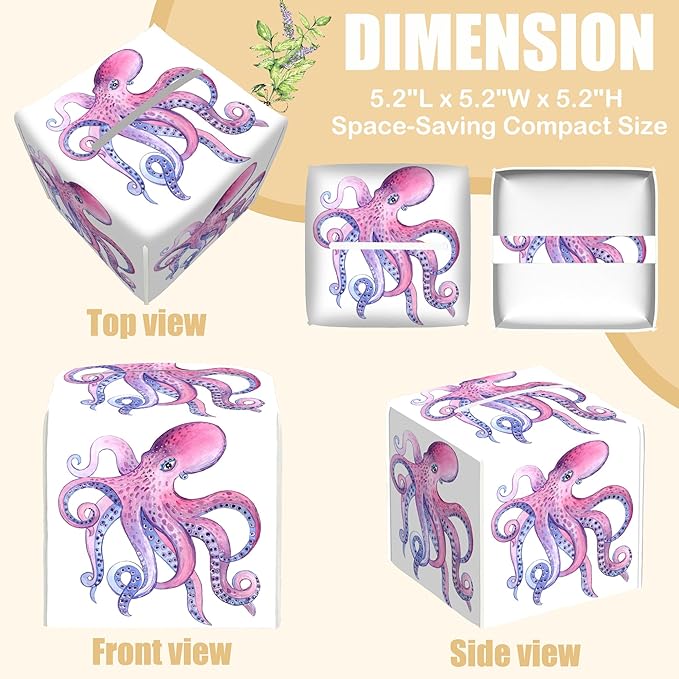 Sea Creature Leather Tissue Box Holder Pink and Purple Octopus Tissue Box Cover Facial Paper Case Organizer Cube Napkin Dispenser for Bathroom Vanity Countertop Night Stand Office Car