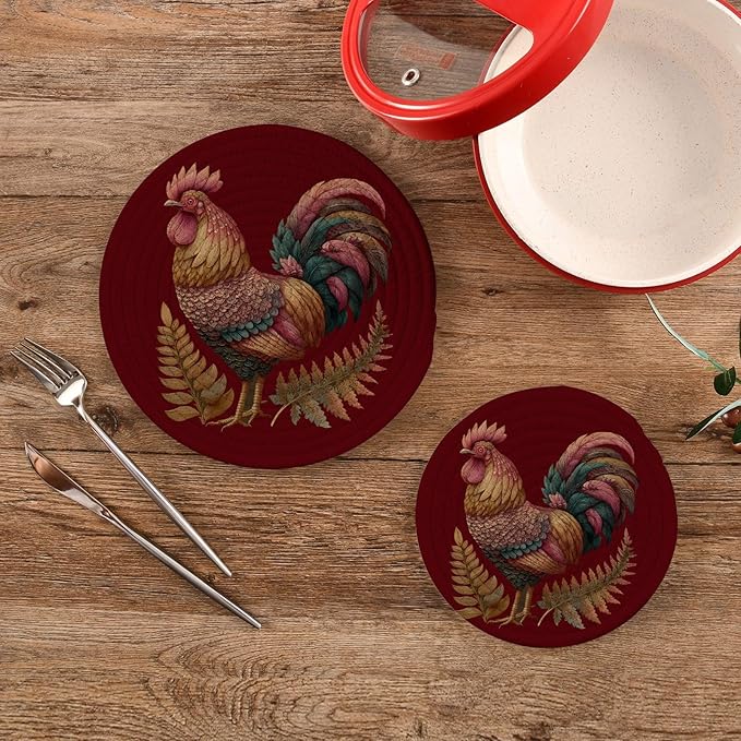 Boccsty Rooster Sunflower Trivet Mat 2PCS Farm Animal Round Woven Potholders Kitchen Table Countertop Protector Hot Pads Farmhouse Coasters Counter Mats?for Cooking Baking