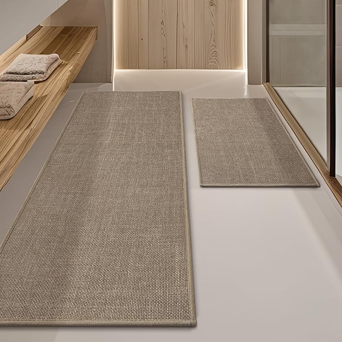 YIHOUSE Brown Bathroom Rug Sets 2 Piece, Dark Beige Absorbent Bath Mat for Bath Room Non Slip Washable,Bathroom Mat Quick Dry, Thin Bath Rug Set for Toilet and Floor