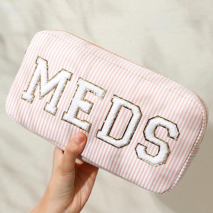 uekeboag Seersucker Chenille Letter Stuff Meds RX Makeup Bag, Travel Washable Purse Organizer with Zipper, Lightweight Toiletry Cute Personalized Preppy Cosmetic Bag For Women and Girls(3pcs Pink)