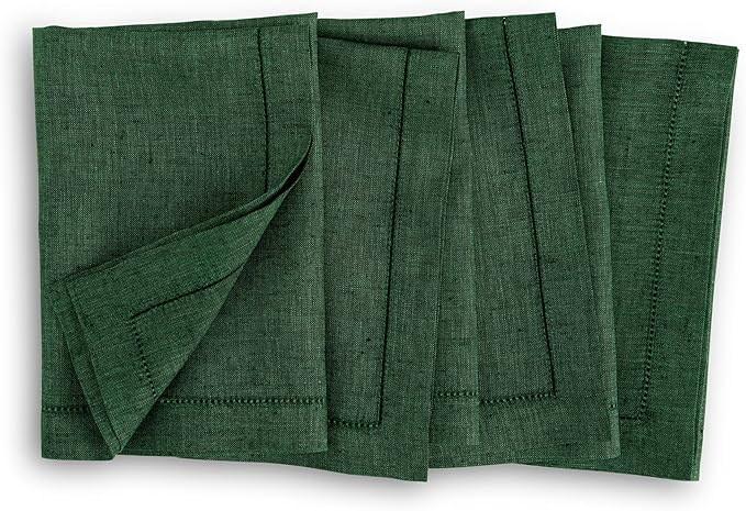 Solino Home Linen Napkins Set of 4 - Hemstitch 100% Pure Linen Forest Green Dinner Napkins Cloth 20 x 20 Inch for Winter, St Patricks Day - Milan, Handcrafted and Machine Washable