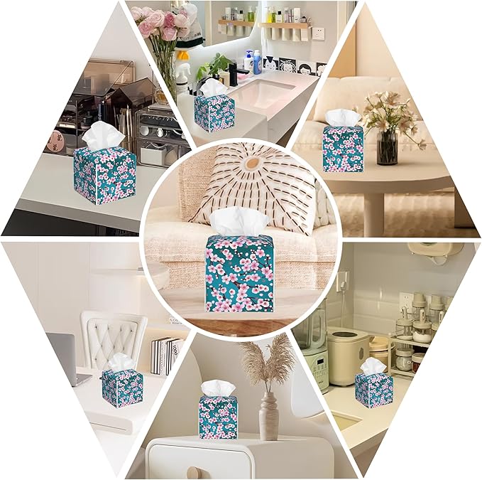 BLYKVGHQ Pink Cherry Blossom Branches Tissue Box Cover Square, Tissue Box Holder with Bottom Belt Leather Facial Paper Organizer Dispenser for Bathroom Bedroom Dresser Night Stand Tabletop