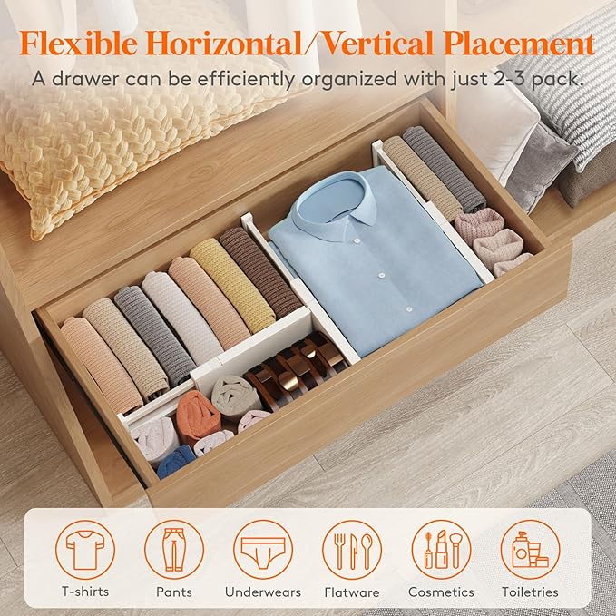 Lifewit 8 Pack Drawer Dividers 4" High, 11-17" Adjustable Dresser Drawer Organizers for Clothes, Expandable Dresser Separators in Bedroom/Bathroom/Kitchen/Vanity/Office Organization and Storage, Beige