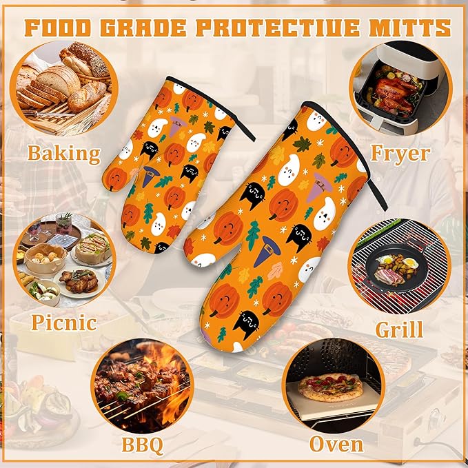 Halloween Pumpkins Oven Mitts and Pot Holders Set,Ghosts Black Cats Kitchen Decor Heat Resistant Non Slip Hot Pads and Oven Mitt for Chef Cooking Baking BBQ Mom Girl Gifts(4 Piece Set)