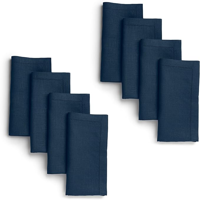 D'Moksha Homes Navy Blue Linen Napkins Set of 8 - Classic Hemstitch 100% Pure Linen Hemstitch Dinner Napkins 20 x 20 Inch for Easter - Handcrafted and Machine Washable