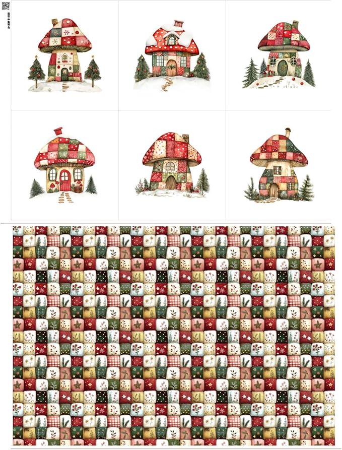 Christmas Cottage Patchwork Cotton Fabric Panel – 6 Designs (10"×10" inch Each) + Bonus Patchwork Sheet 29.5"×19.6" inch, 100% Cotton 140 GSM