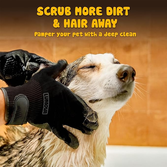 Lumova Pet Grooming Glove – Patented Rubber-Massage Shedding Bath & Hair Remover for Dogs, Cats & Livestock – Lightweight, Flexible, Secure Fit (Cyan&Black)