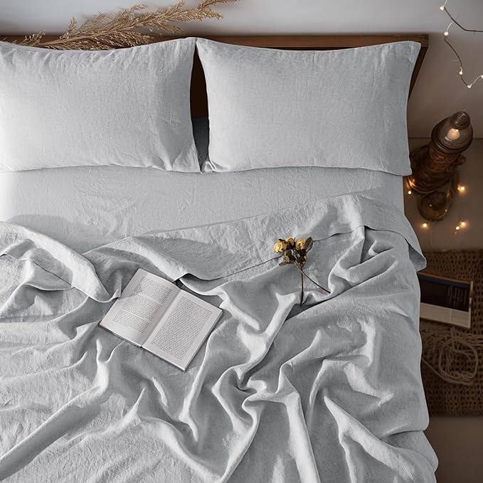 LBRO2M 100% Linen Sheet Set 24" Deep Pocket California King Size,Bed Sheets 4 Piece Sets,Solid Color Natural Flax Bed Sheets Soft Breathable Bedding,All Season (Clifornia King, Grey)