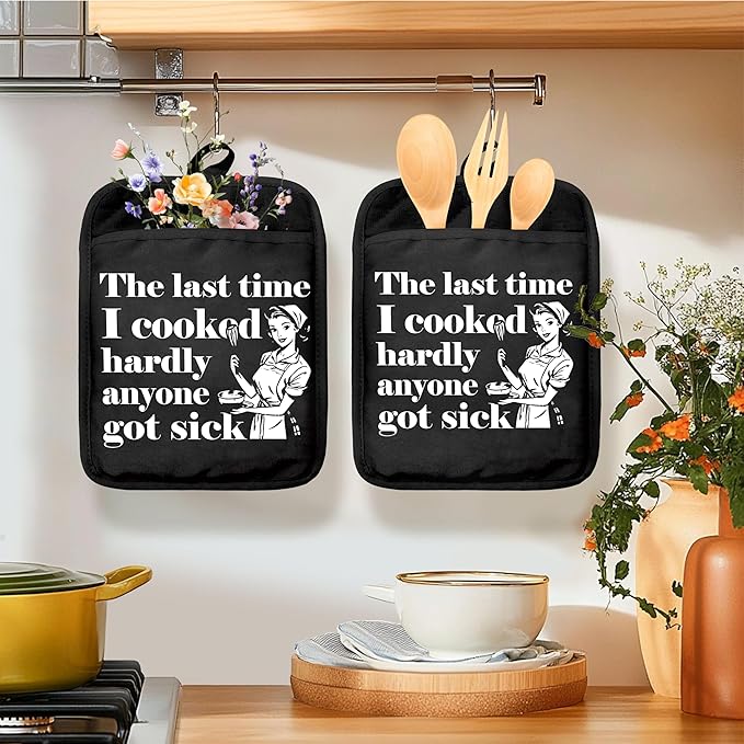 Funny Oven Mitts Set, Funny Chef Gifts for Women, The Last Time I Cooked Hardly Anyone Got Sick Heat Resistant Kitchen Oven Gloves for Baking and Cooking,Pot Holders
