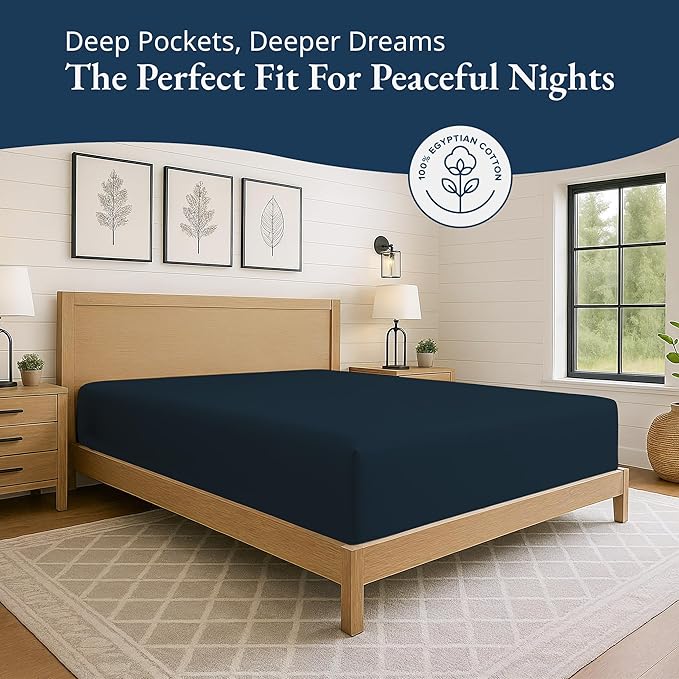 Lane Linen 100% Egyptian Cotton Twin Size Fitted Sheet Only (39"x75" + 15") - Elegant Sateen Weave, Ultra Soft, Breathable, Highly Durable, Deep Pockets Upto 17" - Dark Denim