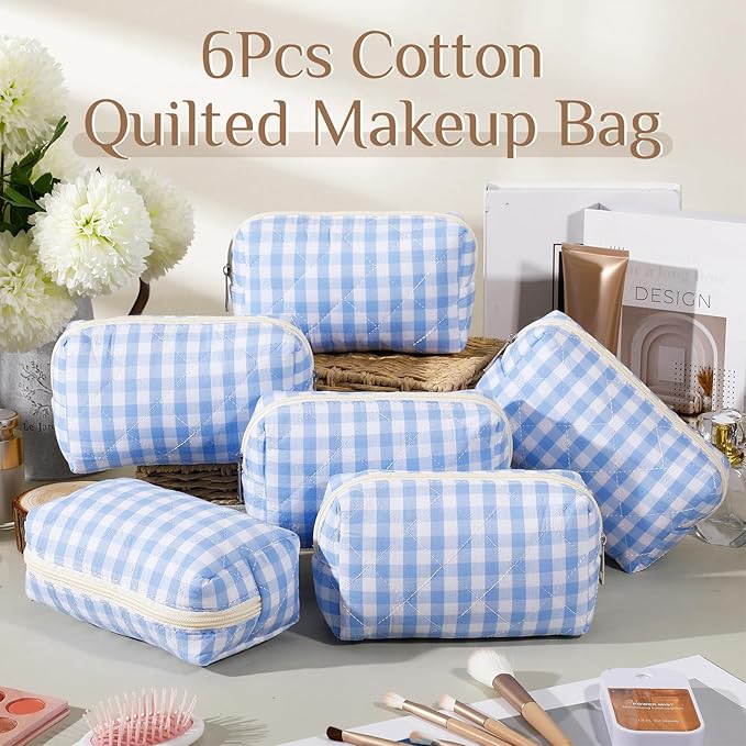 Paterr 6 Pcs Quilted Makeup Bag Bulk for Women Girls Birthday Valentine's Day Bridesmaid Gifts Cute Cotton Cosmetic Pouch Bow Floral Coquette Aesthetic Travel Toiletry Bag(Plaid,Blue)