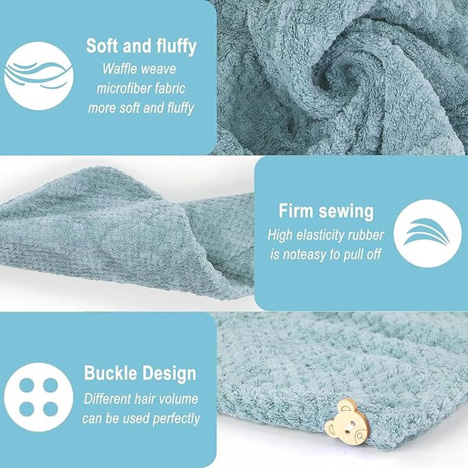 YHPDYL 3 Pack Microfiber Hair Towel Wrap for Women, Fast Drying Hair Turban with Button, Anti-Frizz Large Hair Towel for All Hair Styles, Soft & Absorbent Hair Drying Towel