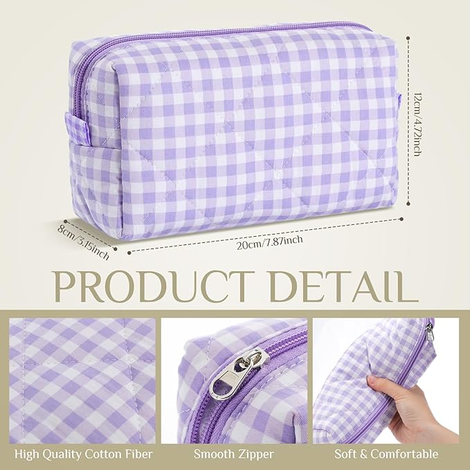 Paterr 10 Pcs Quilted Makeup Bag Bulk Cotton Floral Cosmetic Bag Women Girls Bridesmaid Gifts Cute Makeup Pouch Coquette Aesthetic Travel Toiletry Organizer(Gingham Floral,7.87 x 4.72 x 3.15 Inches)