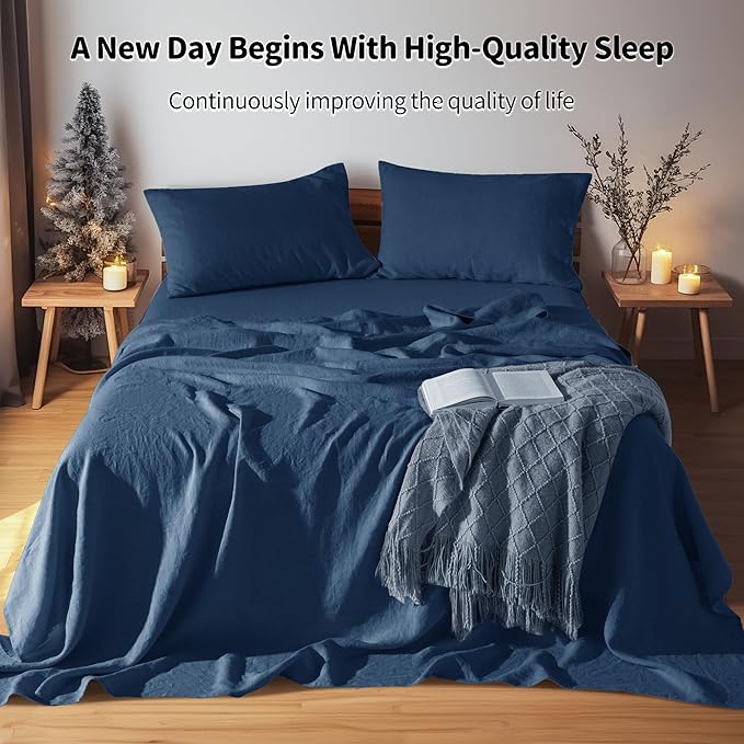 LBRO2M 100% Linen Sheet Set 16" Deep Pocket King Size,Bed Sheets 4 Piece Sets,Solid Color Natural Flax Bed Sheets Soft Breathable Bedding, All Season (King, Navy Blue)