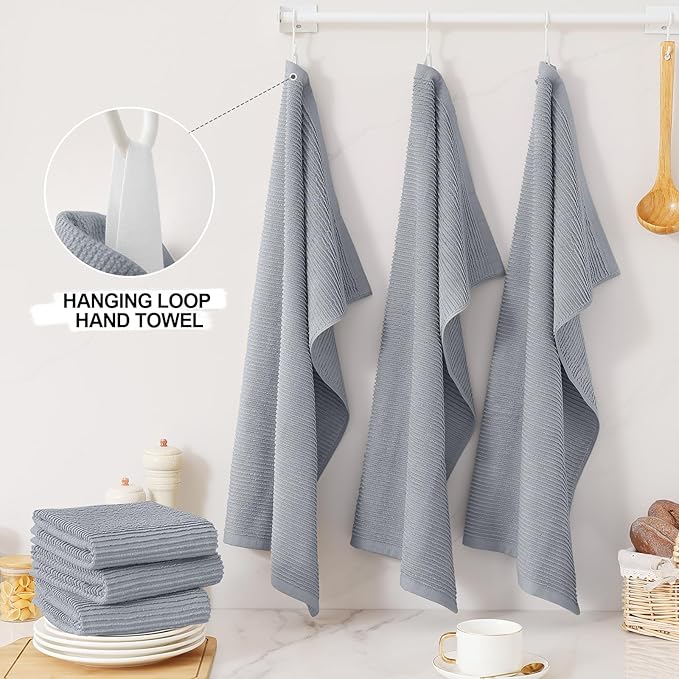 Homaxy Premium Kitchen Towels (18"x 28", 6 Pack), Large 100% Cotton Kitchen Hand Towels, Ultra Absorbent Ribbed Terry Tea Towels Set with Hanging Loop, Grey