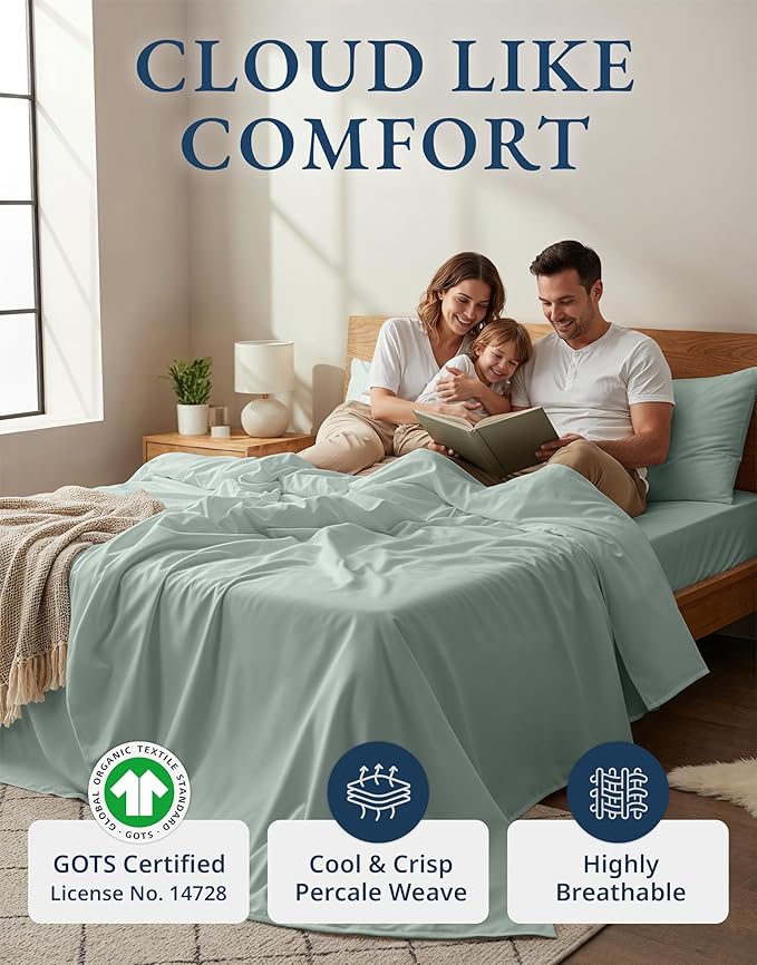 LANE LINEN 100% Organic Cotton Queen Sheets, Fully Elasticized Soft & Comfy Classic Percale Weave, Low Pill Fade Resistant Machine Washable Sheet & Pillowcase Sets, 15" Deep Pocket- Cool Blue
