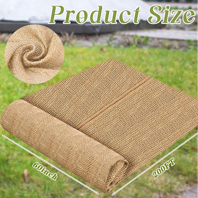 Buryeah 60 Inch x 200 ft Burlap Fabrics Roll Natural Gardening Multipurpose Burlap Weed Barrier Garden Landscape High Density Fabric Jute for Outdoor Home Craft Party Decor Wedding