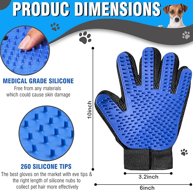 CEMZENFIX Upgrade Pet Gloves Grooming for Dogs, Grooming Gloves for Dogs, Cats, Rabbits & Horses with Long and Short Hair, Efficient Pets Hair Remover Mittens - 1 Pair (Blue)