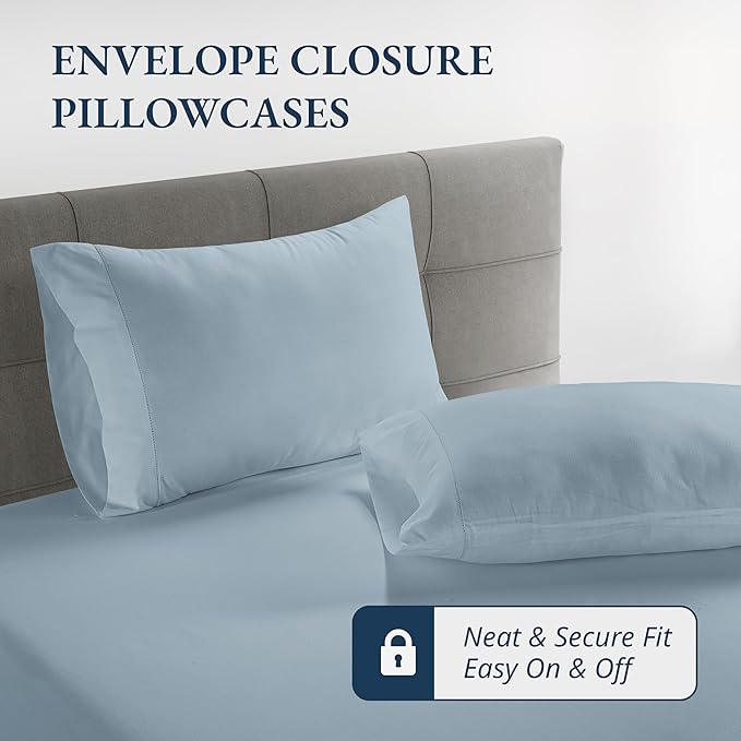 LANE LINEN Twin XL Fitted Sheet - 100% Organic Cotton 2 Pc Set (1 Fitted Sheet, 1 Pillowcase), Percale Weave, Lightweight, Soft, Breathable, Fits Mattress Upto 15" Deep - French Blue (No Flat Sheet)