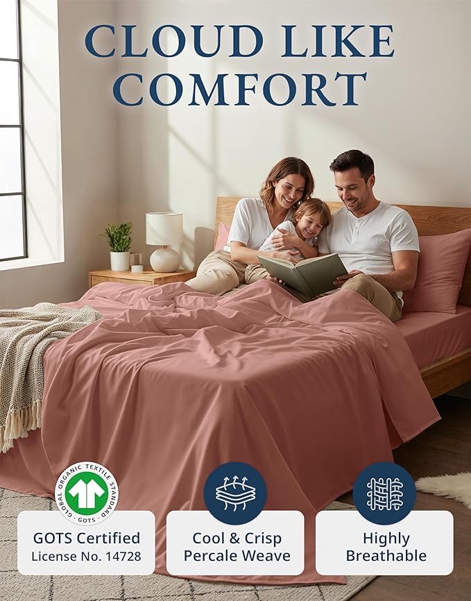 LANE LINEN 100% Organic Cotton Fully Elasticized King Sheet Set, Low Pilling Fade Resistant Machine Washable Naturally Cooling King Bedding Set, Mercerized Soft & Comfy Cotton Sheets – Rose Dawn