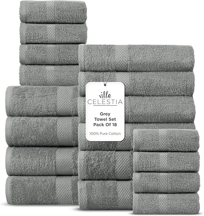 Villa Celestia 100% Cotton Bath Towel Set of 18-4 Bath Towels, 6 Hand Towels, 8 Wash Cloths, Sustainable, Soft, Highly Absorbent, Combed Cotton 18 Piece Set for Hotels, Spa, Bathroom, Dorm, Grey