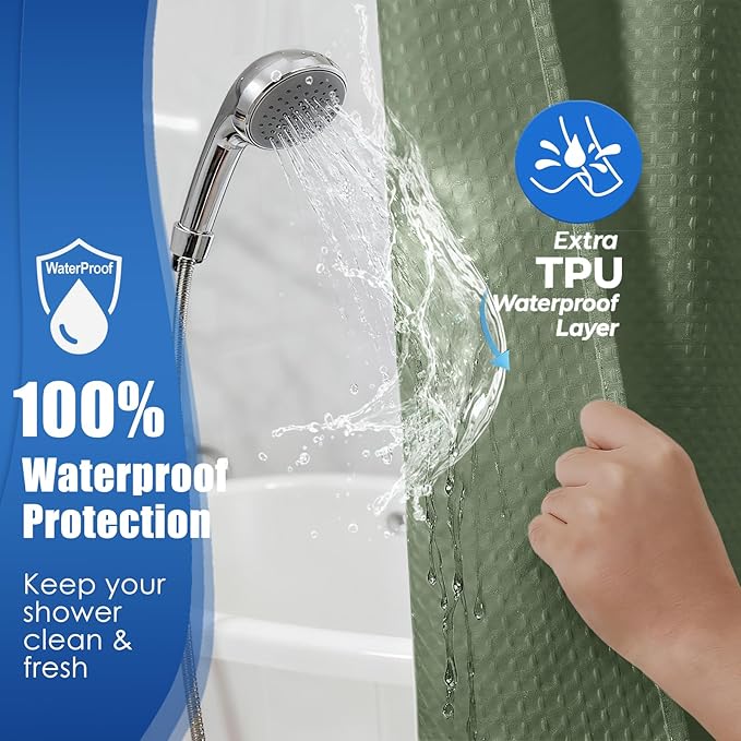 Zemyovia Waterproof No Hooks Waffle Shower Curtain, 260GSM Heavy Duty Fabric, with 10 Durable Split Grommets, Luxury Hotel Spa Style for Bathroom, Machine Washable, 74 x 72 Standard Size, Green