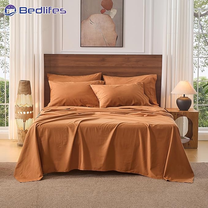 Bedlifes 100% French Pure Linen Sheets King Size Breathable and Cooling Flax Sheet Set Soft Durable and Moisture Wicking 16 Inch Deep Pocket-4 Piece(King,Brown)