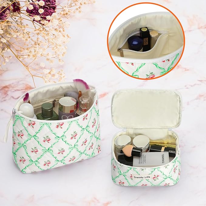 HAOGUAGUA 2 Pieces Makeup Bag, Small Large Quilted Cosmetic Bag, Travel Floral Make Up Toiletry Organizer Bag for Women Girls (2PCS STYLE B-2)