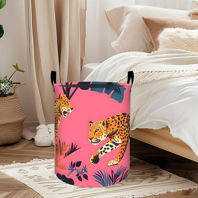 ainori Leopard Laundry Basket, Oxford Cloth Nature Dirty Clothes Collapsible Hamper for Room Decor, Jungle Animal and Botanical Print Gifts Toy Organizer 19.7 * 15.8 Inch for Bedroom Bathroom Dorm
