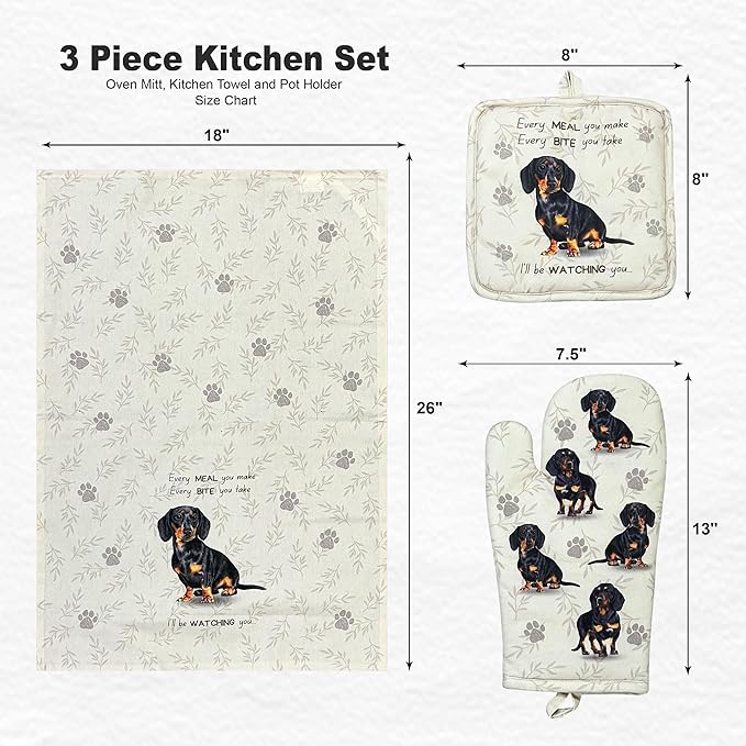 Dachshund 3-Piece Kitchen Set - Oven Mitt, Pot Holder & Kitchen Towel Set, Heat Resistant up to 420 F, Soft Quilted Cotton for Cooking, Baking, BBQ, Pet Lover Gifts (Dachshund Black)