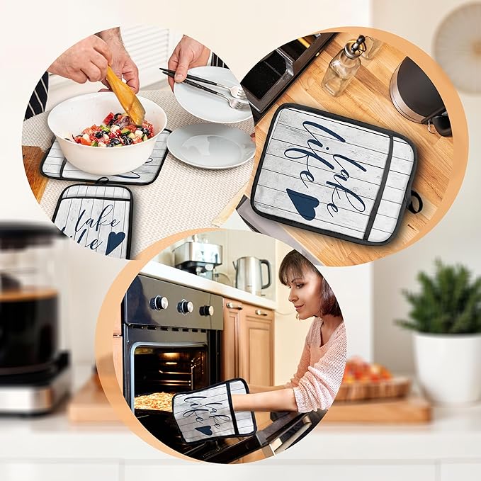 Lake Life Gifts Pot Holders with Pockets, Lake Life House Gifts for Women Oven Pot Holders Heat Resistant Oven Mitts Hot Pads for Kitchen Baking Cooking