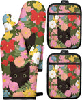 Cotton Oven Mitts and Pot Holders Sets - Quilted Lining Heat Resistant 4 Pieces Set with Hanging Loop Cute Farmhouse Boho Spring Kitchen Decor and Accessories, Cat Flower