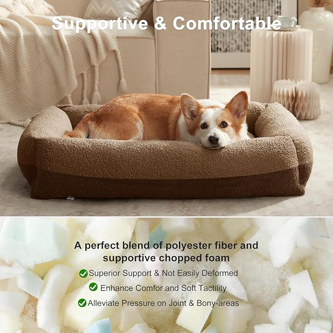 FURTIME Washable Dog Bed Medium Size Dogs, Rectangle Comfy Fluffy Medium Dog Bed, Removable Zipper Cover Machine Wash, Soft Orthopedic Bed Durable Pet Cuddler with Anti-Slip Bottom, 25"x21"x7", Brown