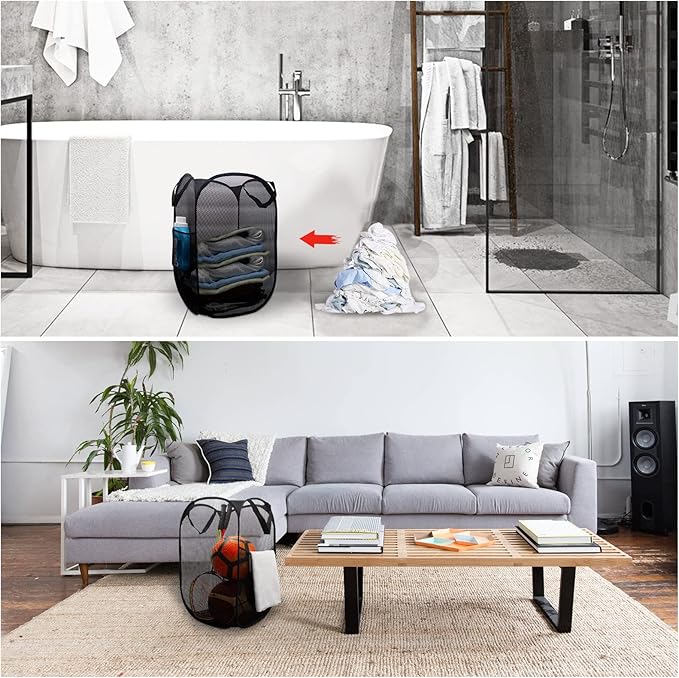 sscikeas Pop Up Laundry Basket，Collapsible and Portable Clothes Washing Laundry Hamper with Side Pocket and Reinforced Carry Handles for College Dorm or Travel，2 Packs Black（23 x 15 inches)