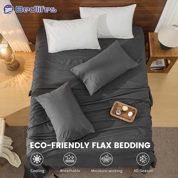 Bedlifes 100% French Pure Linen Sheets California King Size Breathable and Cooling Flax Sheet Set Soft Durable and Moisture Wicking 16 Inch Deep Pocket-4 Piece(Cal King,Dark Grey)