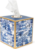 Jaye’s Studio Garden Party Line, Decorative Tissue Box Cover, White & Taupe, Gold Trim, Enameled, Handcrafted Metal, Luxury Tissue Holder, Size 6x5x5