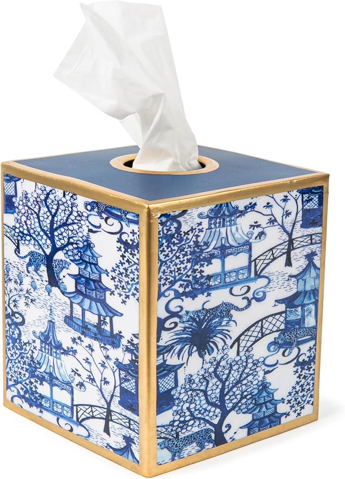 Jaye’s Studio Garden Party Line, Decorative Tissue Box Cover, White & Taupe, Gold Trim, Enameled, Handcrafted Metal, Luxury Tissue Holder, Size 6x5x5