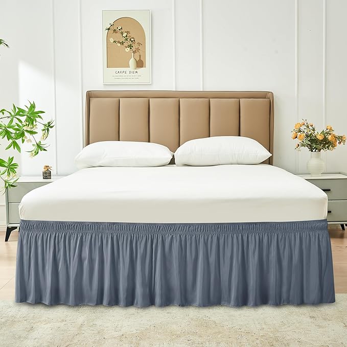 Biscaynebay Wrap Around Bed Skirts for King & Cal King Beds Short Drop of 12", Dark Grey Adjustable Elastic Dust Ruffles Easy Fit Wrinkle Resistant Silky Luxurious Fabric Machine Washable