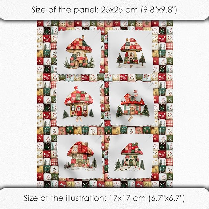 Christmas Cottage Patchwork Cotton Fabric Panel – 6 Designs (10"×10" inch Each) + Bonus Patchwork Sheet 29.5"×19.6" inch, 100% Cotton 140 GSM