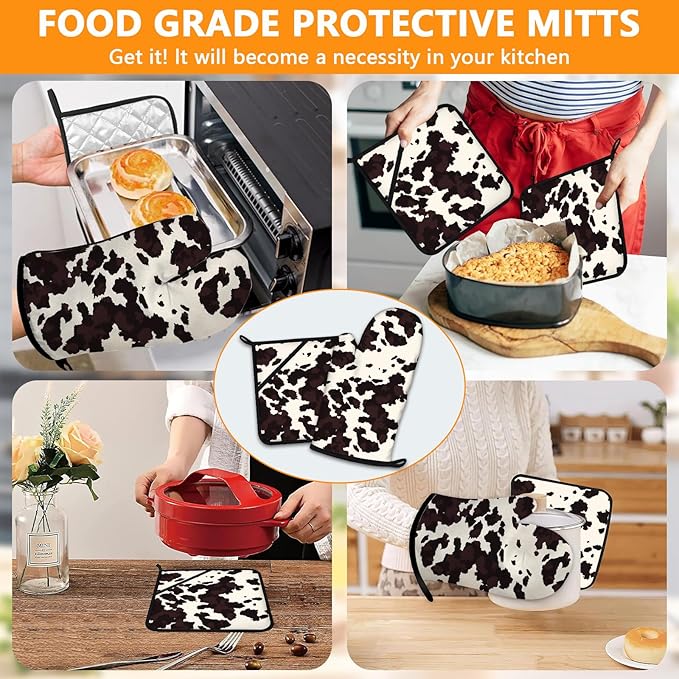 Black Cow Print Oven Mitts and Pot Holders Sets 4Pcs,Extra Long Oven Gloves Potholder for Kitchen Cooking Baking BBQ 100% Cotton Heat Resistant