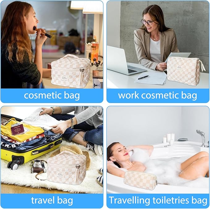 Quilted Cosmetic Bag Large Capacity Travel Cosmetic Bag for Women and Girls Aesthetic Storage for Daily and Travel Use (3pcs-browncheckered)