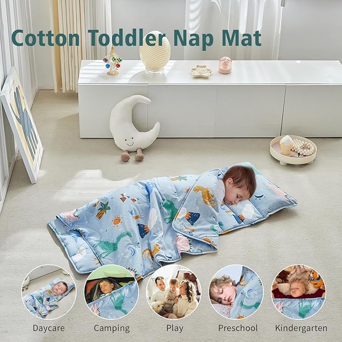 DuShow Cotton Toddler Nap Mat Dinosaur,Roll Up Slumber Bags for Boys,Toddler Nap Mat with Removable Pillow, Kids Sleeping Mat for Daycare and Preschool Kindergarten-Blue ﻿